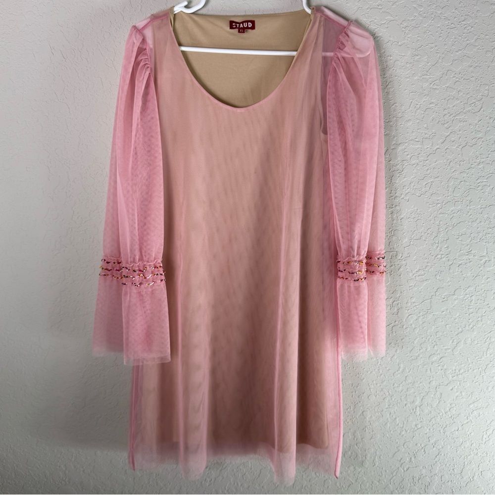 Staud Sheer Tulle Shift Dress w/Beaded Bell Sleeves Nude Lining Size XS